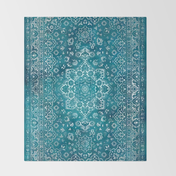 PERSIAN CARPET MONOCHROME TEAL HEAVY DISTRESSED Throw Blanket Gallery Image 2