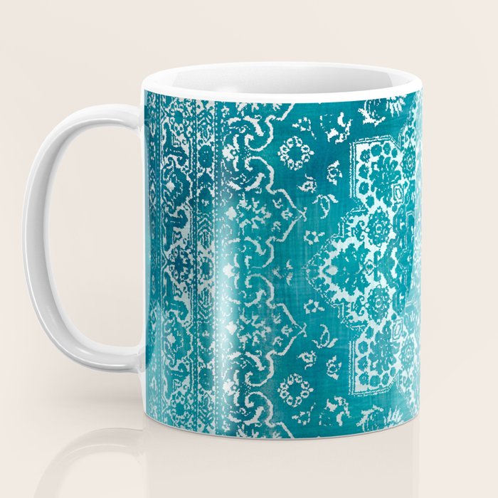 PERSIAN CARPET MONOCHROME TEAL HEAVY DISTRESSED Coffee Mug Gallery Image 3