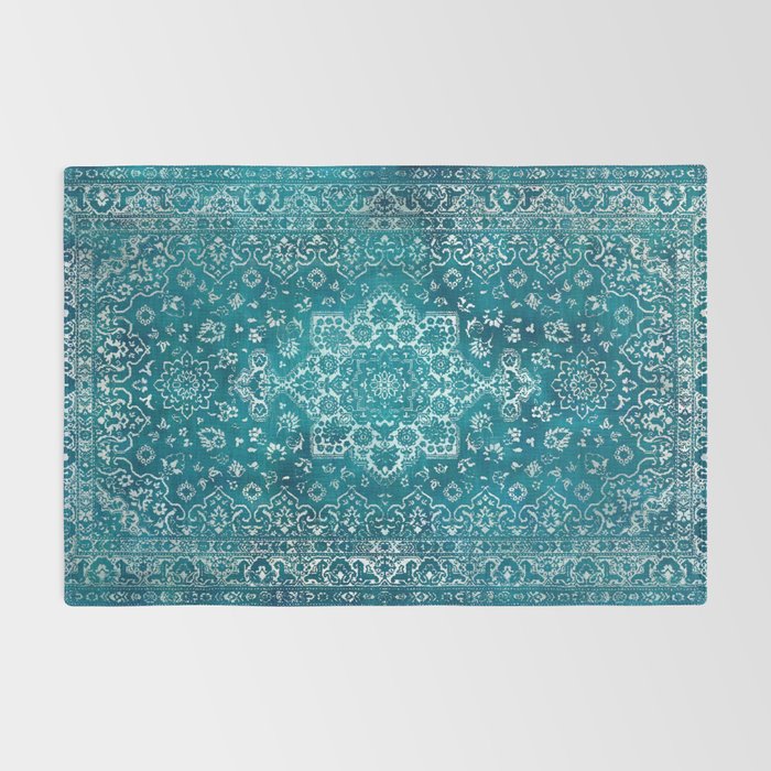 PERSIAN CARPET MONOCHROME TEAL HEAVY DISTRESSED Rug Gallery Image 2