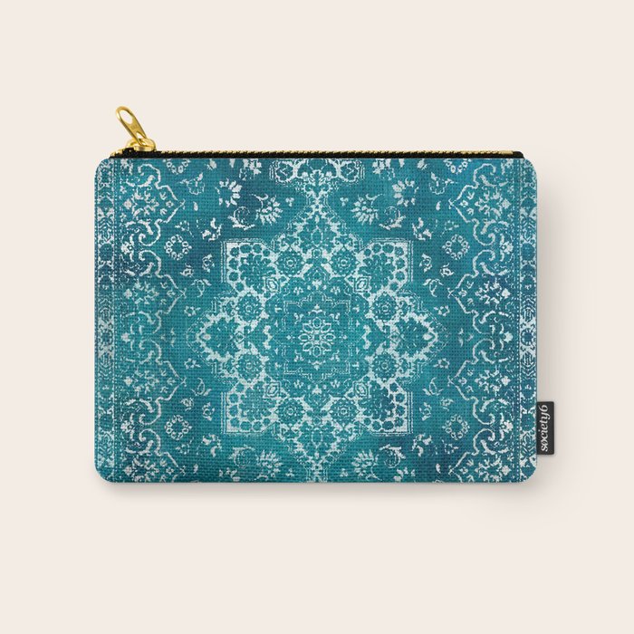 PERSIAN CARPET MONOCHROME TEAL HEAVY DISTRESSED Carry All Pouch Gallery Image 1