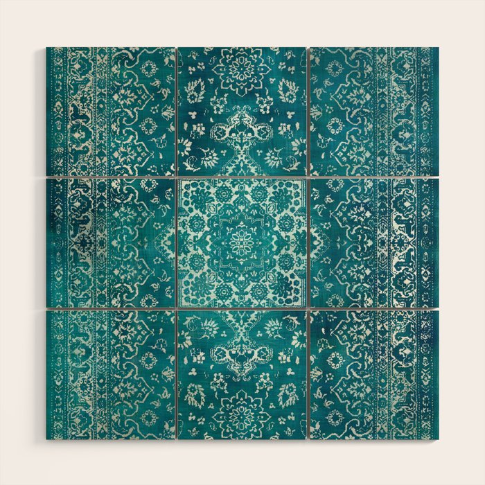 PERSIAN CARPET MONOCHROME TEAL HEAVY DISTRESSED Wood Wall Art Gallery Image 1