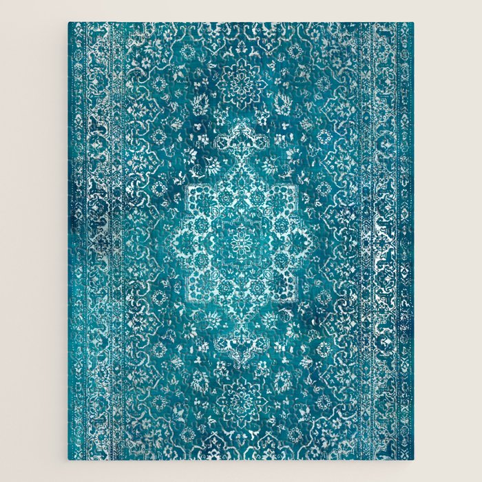 PERSIAN CARPET MONOCHROME TEAL HEAVY DISTRESSED Jigsaw Puzzle Gallery Image 1