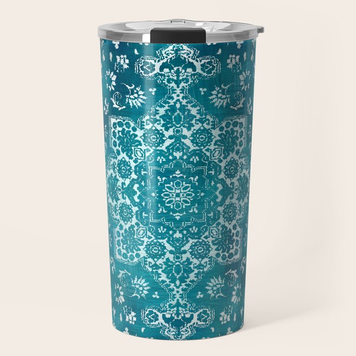 PERSIAN CARPET MONOCHROME TEAL HEAVY DISTRESSED Travel Mug Gallery Image 1