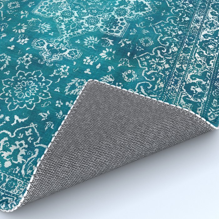 PERSIAN CARPET MONOCHROME TEAL HEAVY DISTRESSED Rug Gallery Image 4