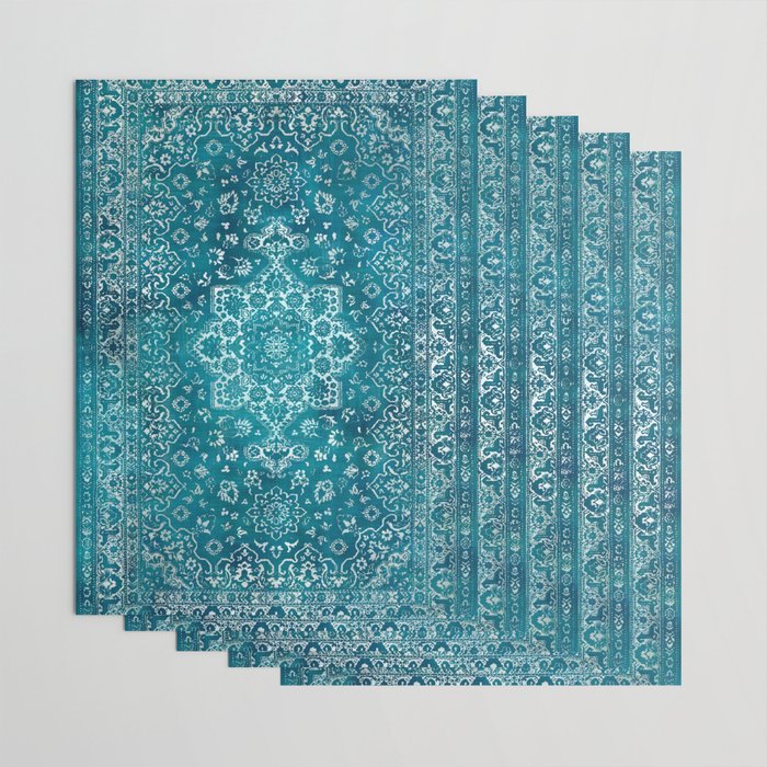 PERSIAN CARPET MONOCHROME TEAL HEAVY DISTRESSED Wrapping Paper Gallery Image 3