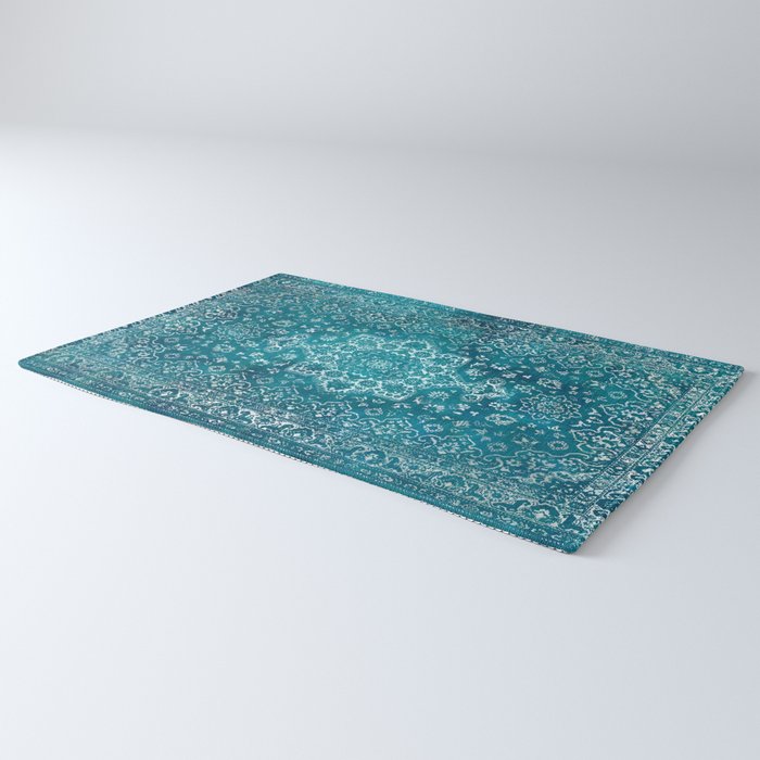PERSIAN CARPET MONOCHROME TEAL HEAVY DISTRESSED Rug Gallery Image 3