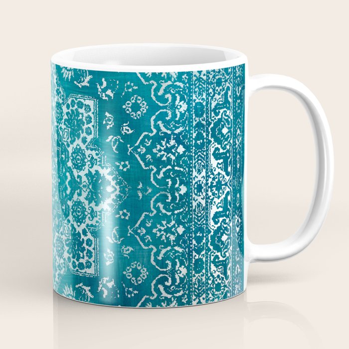 PERSIAN CARPET MONOCHROME TEAL HEAVY DISTRESSED Coffee Mug Gallery Image 1