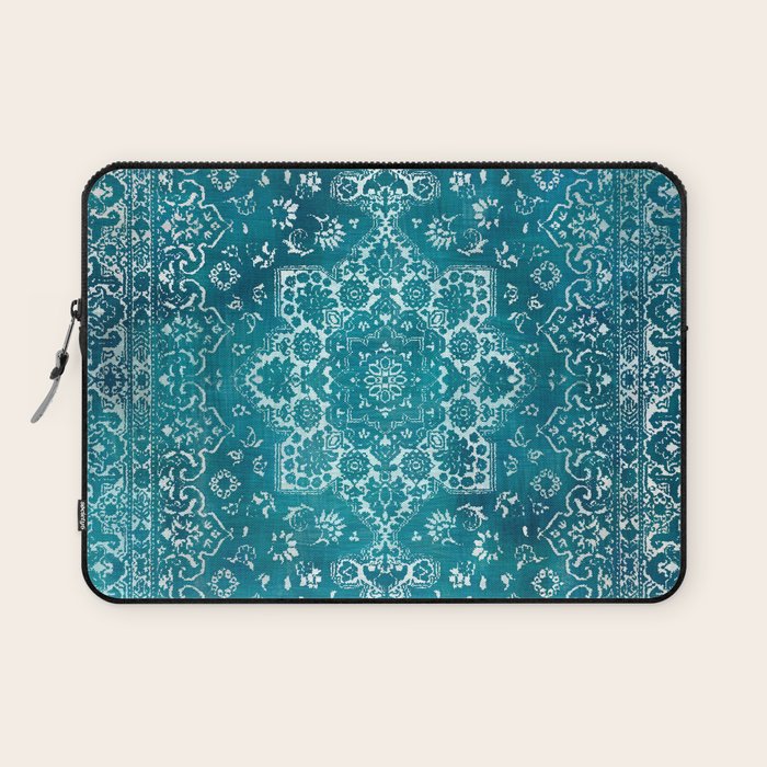 PERSIAN CARPET MONOCHROME TEAL HEAVY DISTRESSED Laptop Sleeve Gallery Image 1
