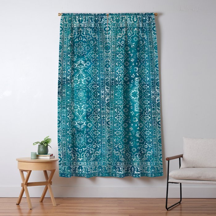 PERSIAN CARPET MONOCHROME TEAL HEAVY DISTRESSED Window Curtain Gallery Image 1