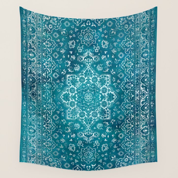 PERSIAN CARPET MONOCHROME TEAL HEAVY DISTRESSED Wall Tapestry