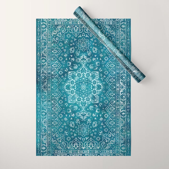 PERSIAN CARPET MONOCHROME TEAL HEAVY DISTRESSED Wrapping Paper Gallery Image 1