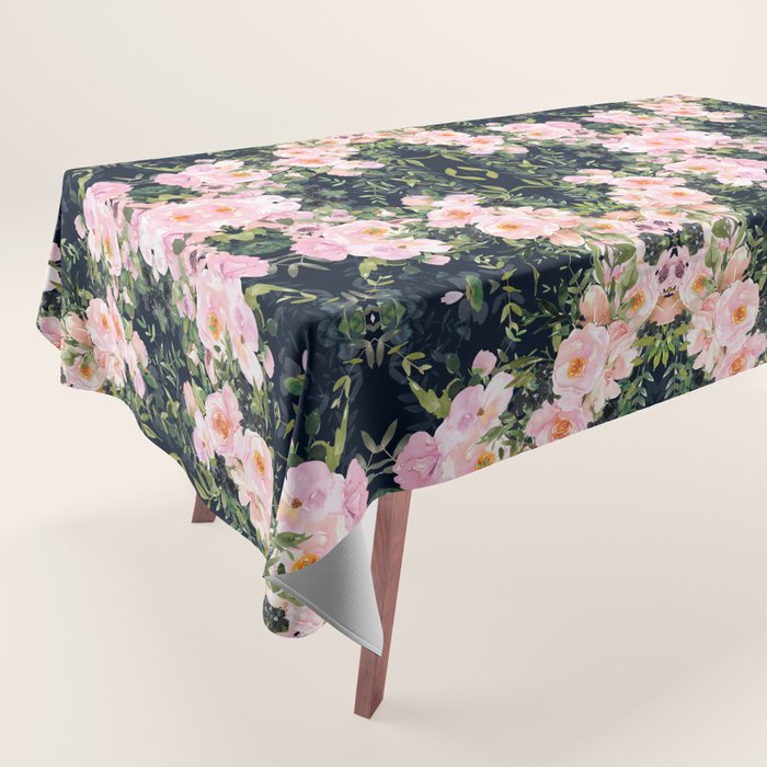 Floral Watercolor, Roses, Navy Blue and Pink, Vintage Art Tablecloth Gallery Image 1