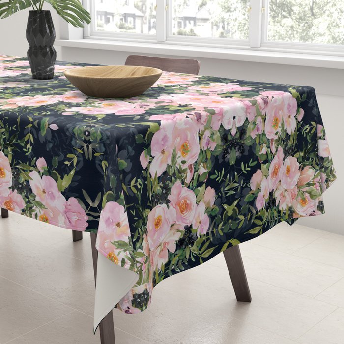Floral Watercolor, Roses, Navy Blue and Pink, Vintage Art Tablecloth Gallery Image 3