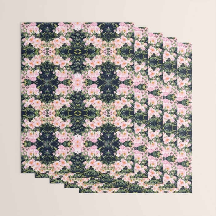 Floral Watercolor, Roses, Navy Blue and Pink, Vintage Art Wrapping Paper Gallery Image 3