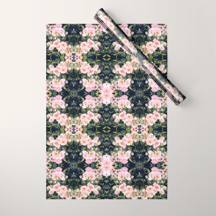 Floral Watercolor, Roses, Navy Blue and Pink, Vintage Art Wrapping Paper Gallery Image 1