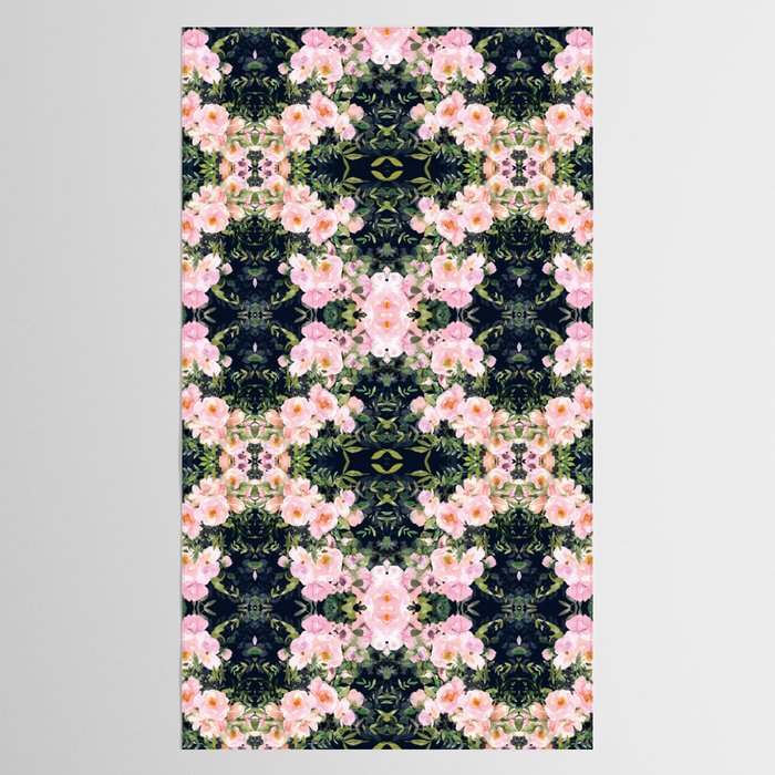 Floral Watercolor, Roses, Navy Blue and Pink, Vintage Art Tablecloth Gallery Image 2