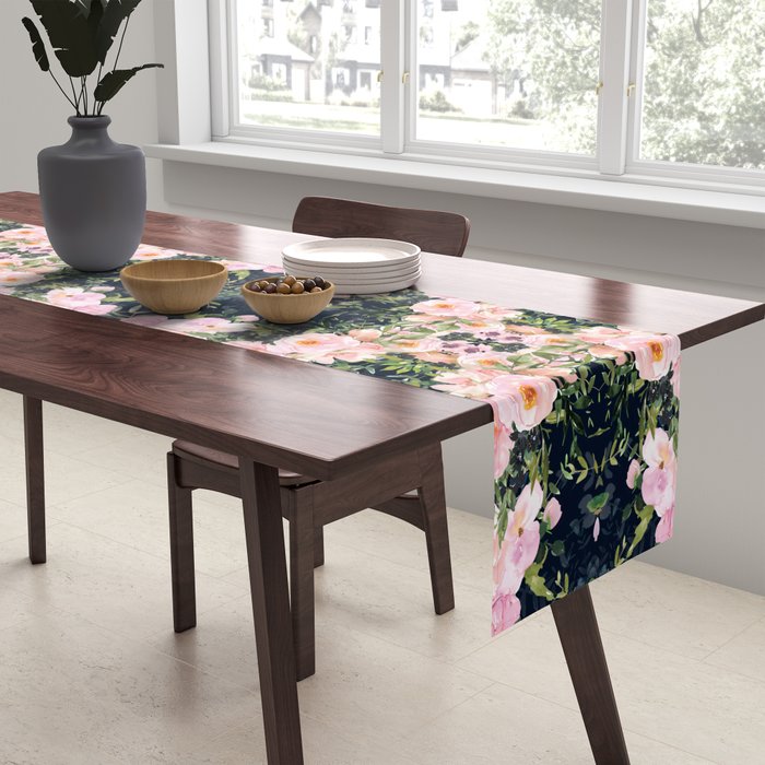 Floral Watercolor, Roses, Navy Blue and Pink, Vintage Art Table Runner Gallery Image 2