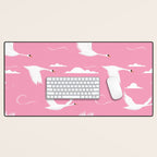 Flying Swans Illustration - Pink Sky with Clouds and Stars Desk Mat Gallery Image 1