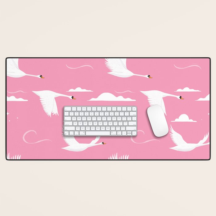 Flying Swans Illustration - Pink Sky with Clouds and Stars Desk Mat Gallery Image 1