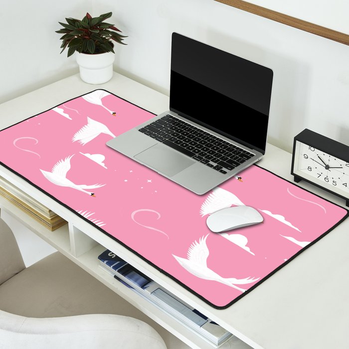 Flying Swans Illustration - Pink Sky with Clouds and Stars Desk Mat Gallery Image 2