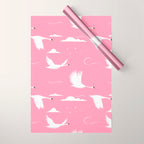 Flying Swans Illustration - Pink Sky with Clouds and Stars Wrapping Paper Gallery Image 1