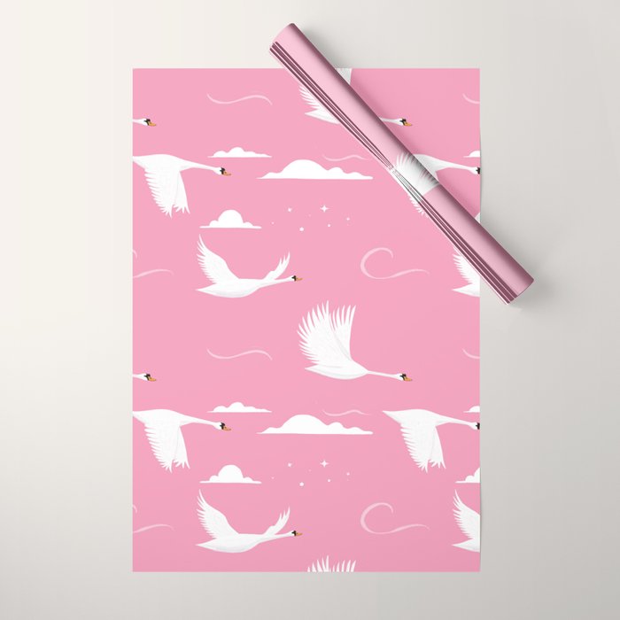 Flying Swans Illustration - Pink Sky with Clouds and Stars Wrapping Paper Gallery Image 1