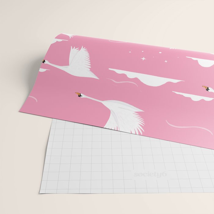 Flying Swans Illustration - Pink Sky with Clouds and Stars Wrapping Paper Gallery Image 2