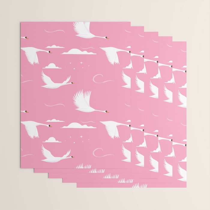 Flying Swans Illustration - Pink Sky with Clouds and Stars Wrapping Paper Gallery Image 3