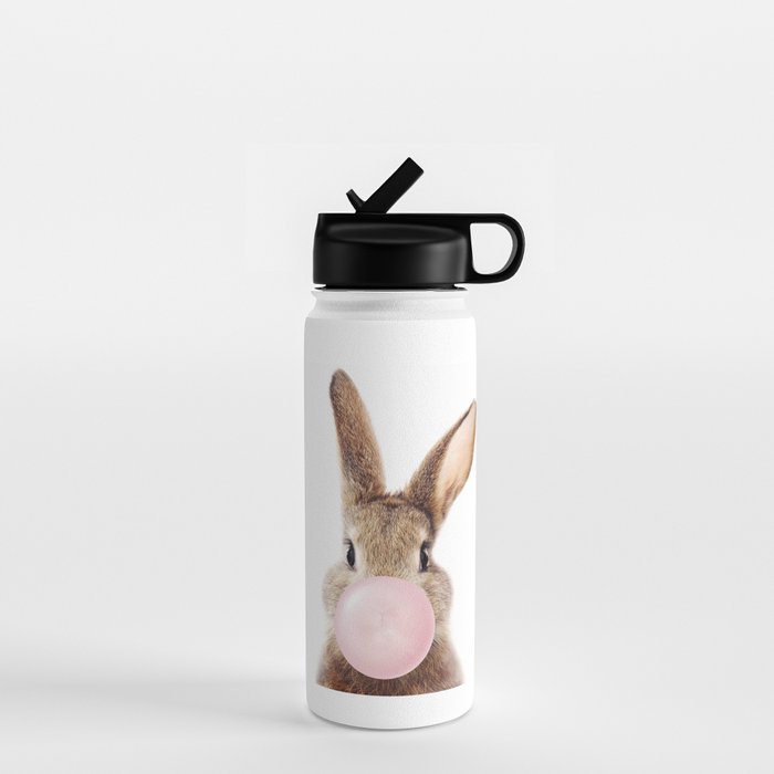 Brown Bunny Blowing Bubble Gum, Pink Nursery, Baby Animals Art Print by Synplus Water Bottle Gallery Image 1