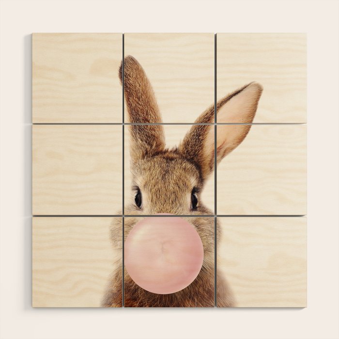 Brown Bunny Blowing Bubble Gum, Pink Nursery, Baby Animals Art Print by Synplus Wood Wall Art Gallery Image 1