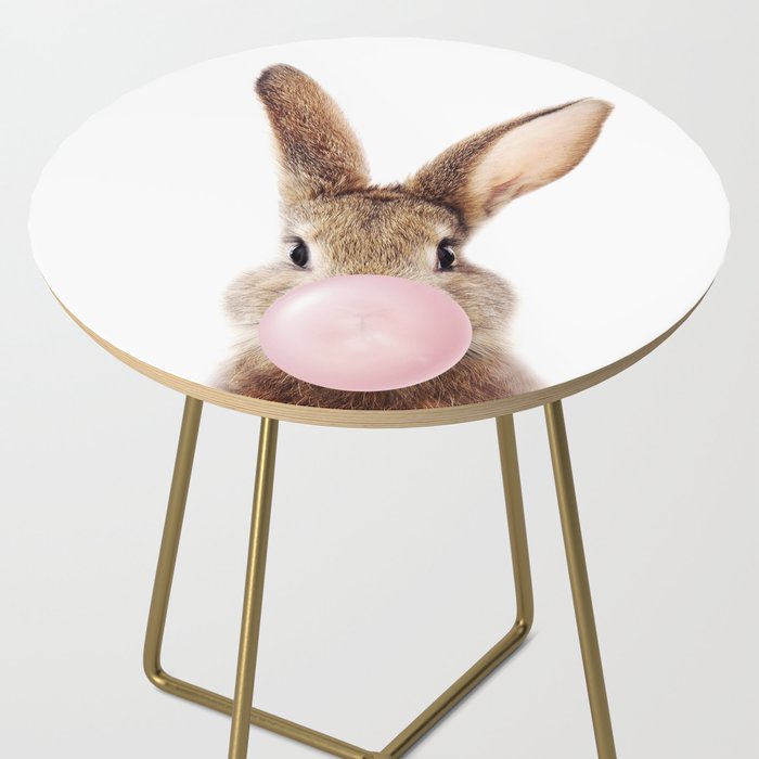 Brown Bunny Blowing Bubble Gum, Pink Nursery, Baby Animals Art Print by Synplus Side Table Gallery Image 2