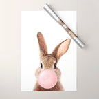 Brown Bunny Blowing Bubble Gum, Pink Nursery, Baby Animals Art Print by Synplus Wrapping Paper Gallery Image 1