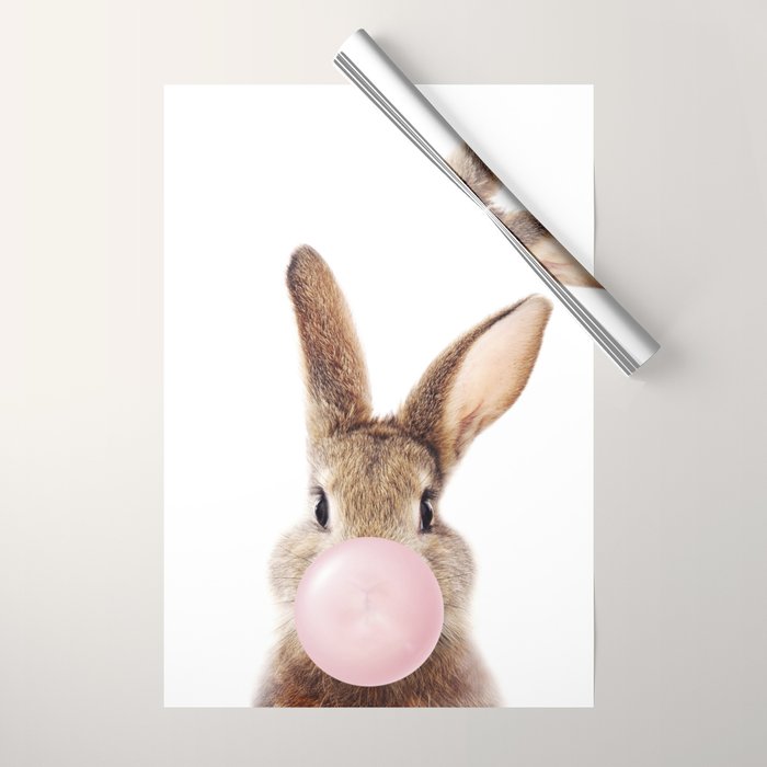 Brown Bunny Blowing Bubble Gum, Pink Nursery, Baby Animals Art Print by Synplus Wrapping Paper Gallery Image 1