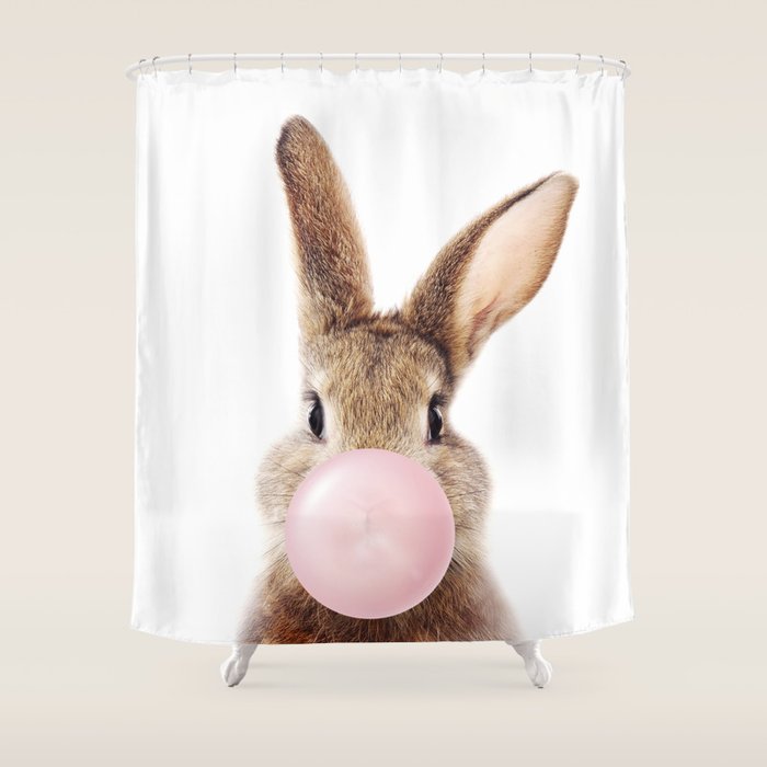Brown Bunny Blowing Bubble Gum, Pink Nursery, Baby Animals Art Print by Synplus Shower Curtain Gallery Image 1