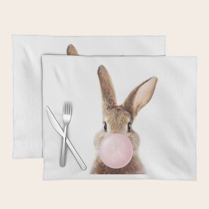 Brown Bunny Blowing Bubble Gum, Pink Nursery, Baby Animals Art Print by Synplus Placemat Gallery Image 1