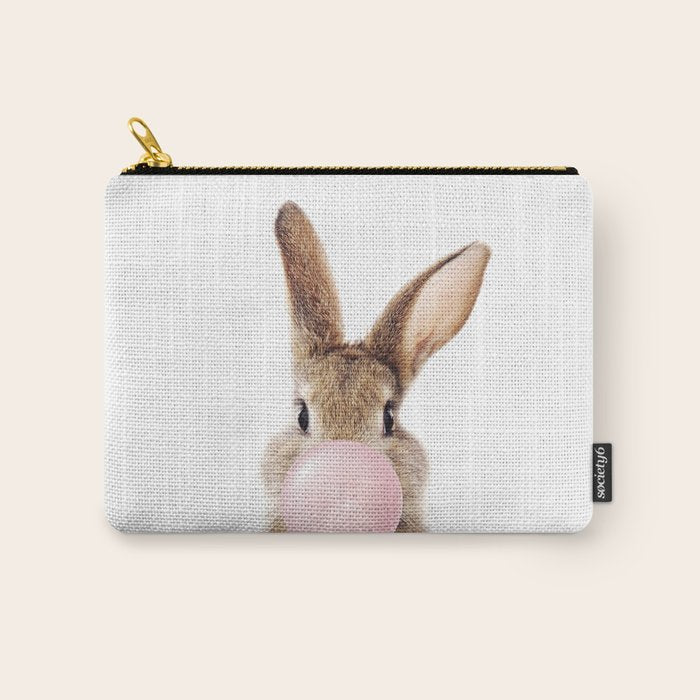 Brown Bunny Blowing Bubble Gum, Pink Nursery, Baby Animals Art Print by Synplus Carry All Pouch Gallery Image 1