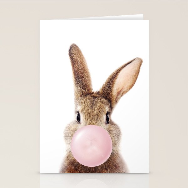 Brown Bunny Blowing Bubble Gum, Pink Nursery, Baby Animals Art Print by Synplus Stationery Card Gallery Image 2