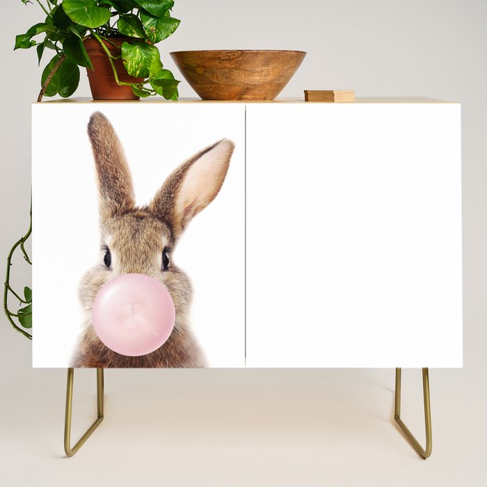 Brown Bunny Blowing Bubble Gum, Pink Nursery, Baby Animals Art Print by Synplus Credenza Gallery Image 1
