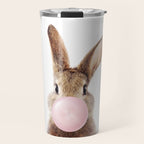 Brown Bunny Blowing Bubble Gum, Pink Nursery, Baby Animals Art Print by Synplus Travel Mug Gallery Image 1