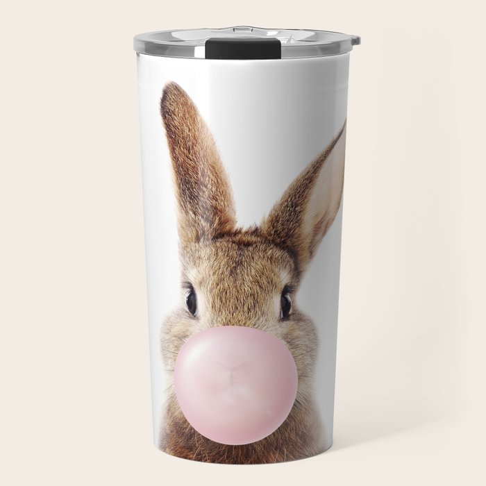 Brown Bunny Blowing Bubble Gum, Pink Nursery, Baby Animals Art Print by Synplus Travel Mug Gallery Image 1