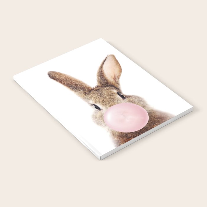 Brown Bunny Blowing Bubble Gum, Pink Nursery, Baby Animals Art Print by Synplus Notebook Gallery Image 1