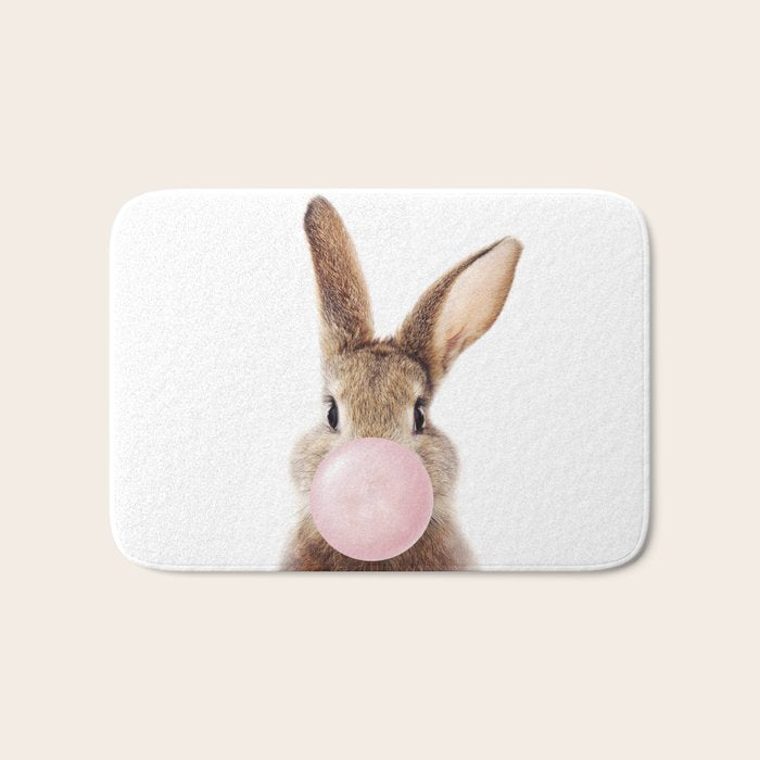 Brown Bunny Blowing Bubble Gum, Pink Nursery, Baby Animals Art Print by Synplus Bath Mat Gallery Image 1
