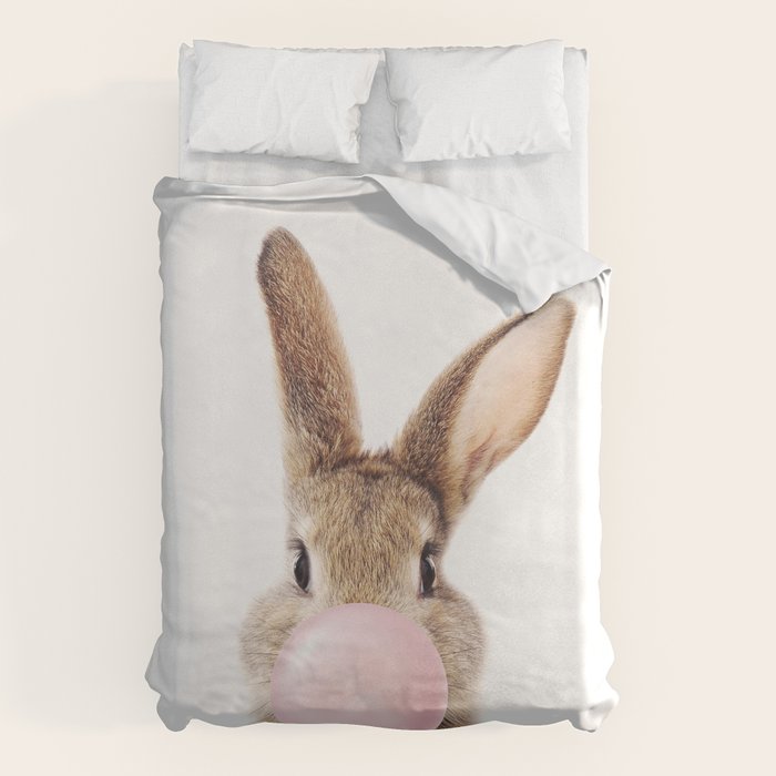 Brown Bunny Blowing Bubble Gum, Pink Nursery, Baby Animals Art Print by Synplus Duvet Cover Gallery Image 1