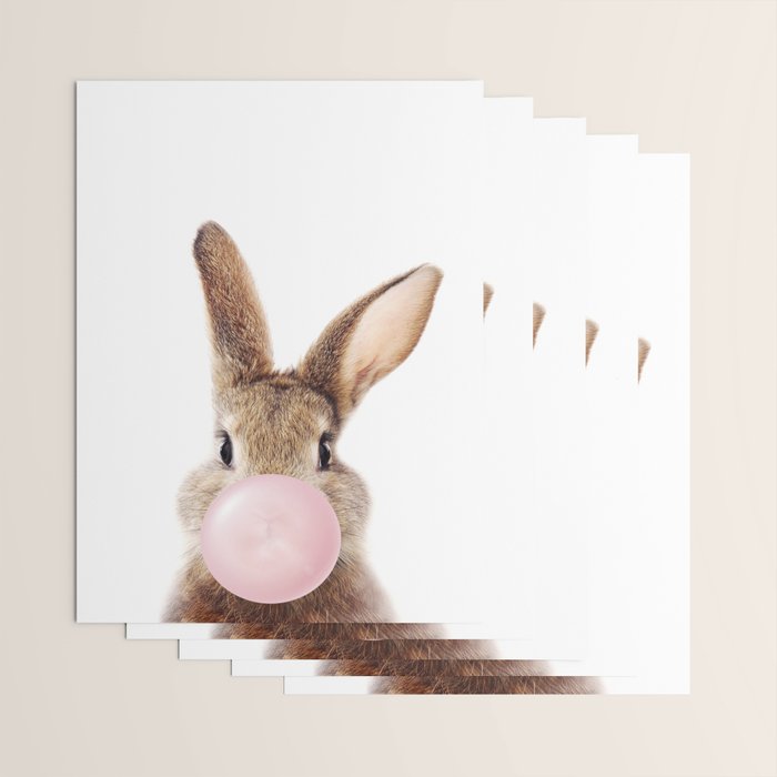 Brown Bunny Blowing Bubble Gum, Pink Nursery, Baby Animals Art Print by Synplus Wrapping Paper Gallery Image 3