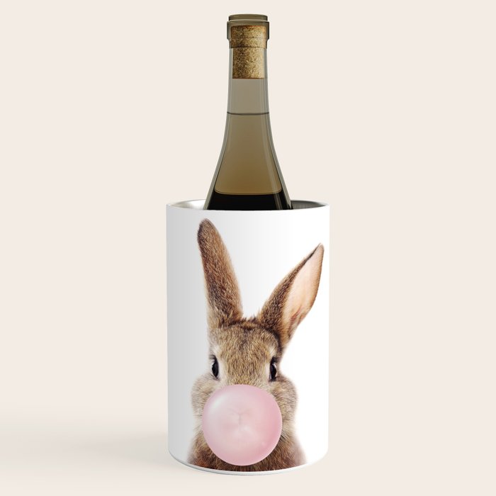 Brown Bunny Blowing Bubble Gum, Pink Nursery, Baby Animals Art Print by Synplus Wine Chiller Gallery Image 1