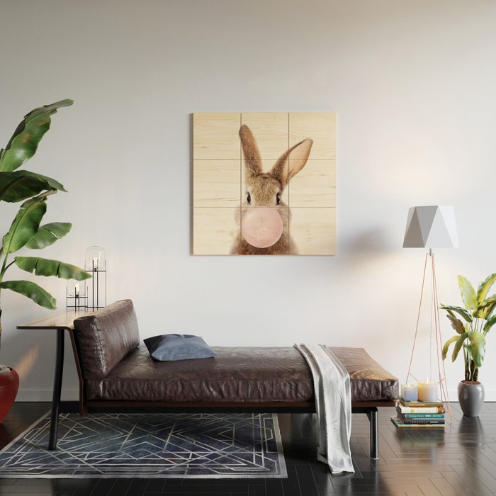 Brown Bunny Blowing Bubble Gum, Pink Nursery, Baby Animals Art Print by Synplus Wood Wall Art Gallery Image 2