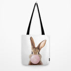 Brown Bunny Blowing Bubble Gum, Pink Nursery, Baby Animals Art Print by Synplus Tote Bag Gallery Image 2