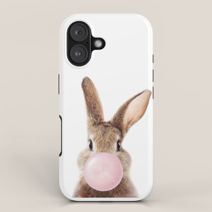 Brown Bunny Blowing Bubble Gum, Pink Nursery, Baby Animals Art Print by Synplus iPhone Case Gallery Image 1