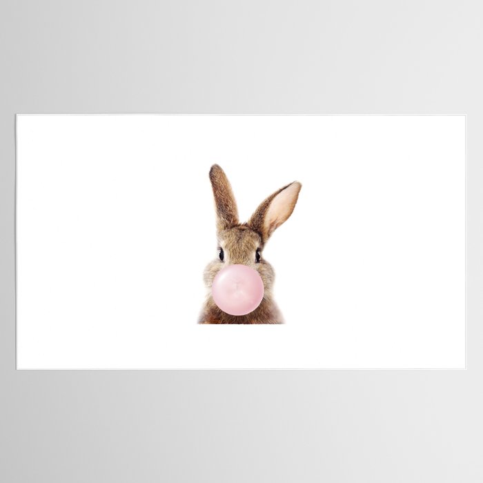 Brown Bunny Blowing Bubble Gum, Pink Nursery, Baby Animals Art Print by Synplus Tablecloth Gallery Image 2