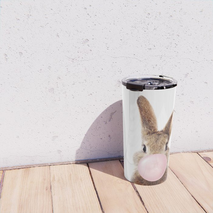 Brown Bunny Blowing Bubble Gum, Pink Nursery, Baby Animals Art Print by Synplus Travel Mug Gallery Image 4